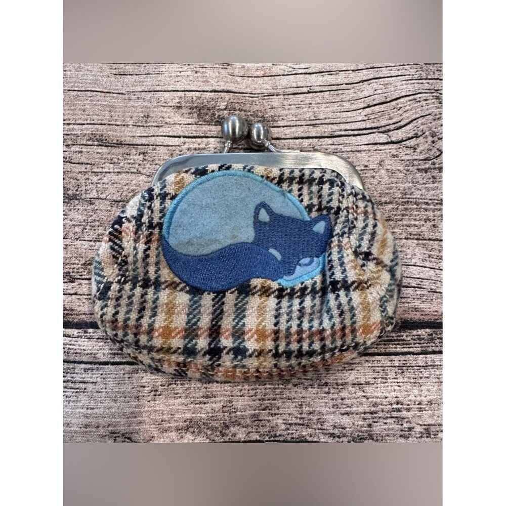 Vintage Y2K Paul & Joe for Target Plaid Tweed Coin Purse with Blue Cat Patch